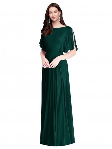 Buy Bateau Neck Long Soft Chiffon Ever Green Bell Sleeves Semi Formal Evening Dress UK