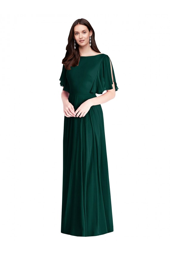 Buy Bateau Neck Long Soft Chiffon Ever Green Bell Sleeves Semi Formal Evening Dress UK