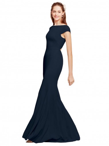 Buy Boat Neck Long Stretch Crepe Dark Navy Sleeveless Formal Evening Dress UK