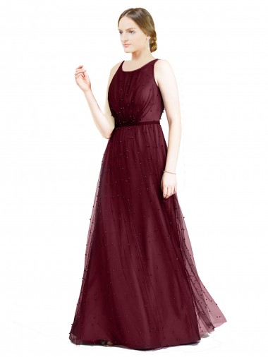 Buy Boat Neck Long Tulle Burgundy Sleeveless Semi Formal Evening Dress UK