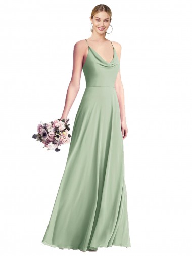 Buy Cowl Neck Long Chiffon Sage Sleeveless Evening Dress UK