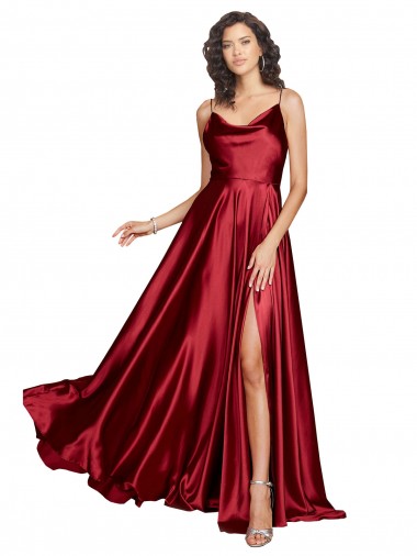 Buy Cowl Neck Long Silky Satin Burgundy Sleeveless Black Tie Evening Dress UK