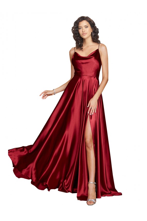 Buy Cowl Neck Long Silky Satin Burgundy Sleeveless Black Tie Evening Dress UK