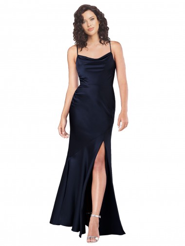 Buy Cowl Neck Long Silky Satin Dark Navy Sleeveless Black Tie Evening Dress UK