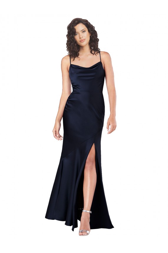 Buy Cowl Neck Long Silky Satin Dark Navy Sleeveless Black Tie Evening Dress UK