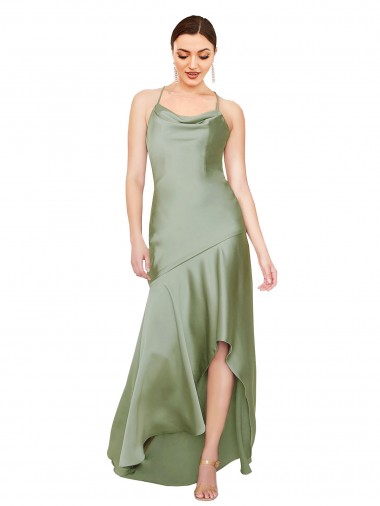 Buy Cowl Neck Long Silky Satin Smoke Green Sleeveless High Low Evening Dress UK