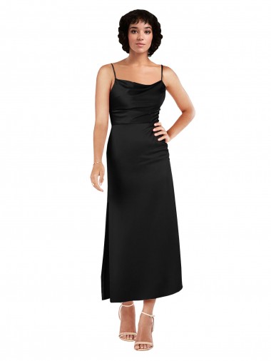 Buy Cowl Neck Tea Length Silky Satin Black Sleeveless Formal Evening Dress UK