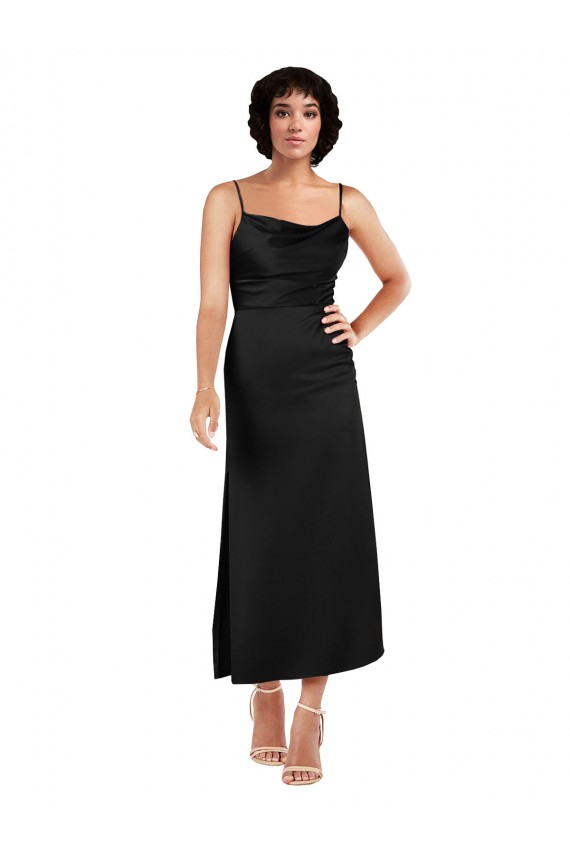 Buy Cowl Neck Tea Length Silky Satin Black Sleeveless Formal Evening Dress UK