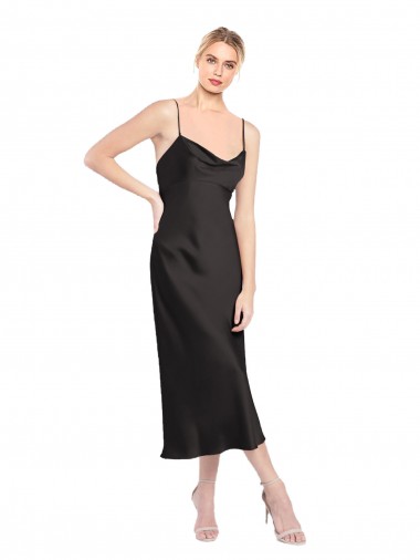 Buy Cowl Neck Midi Length Stretch Satin Black Sleeveless Formal Evening Dress UK