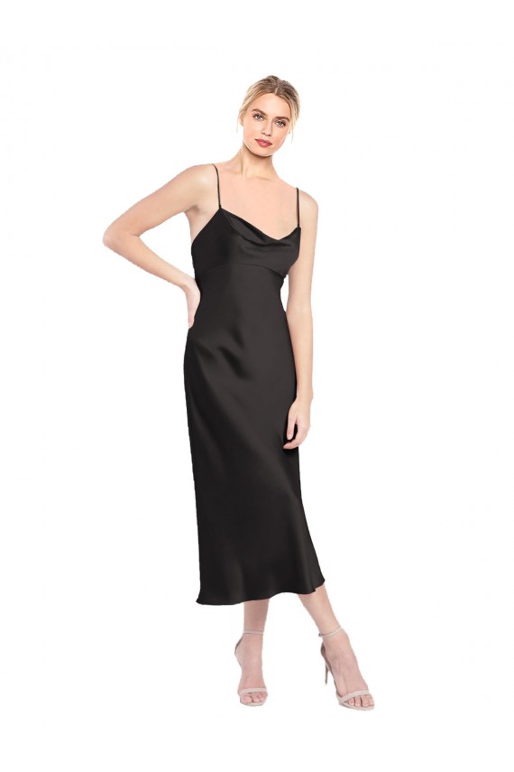 Buy Cowl Neck Midi Length Stretch Satin Black Sleeveless Formal Evening Dress UK