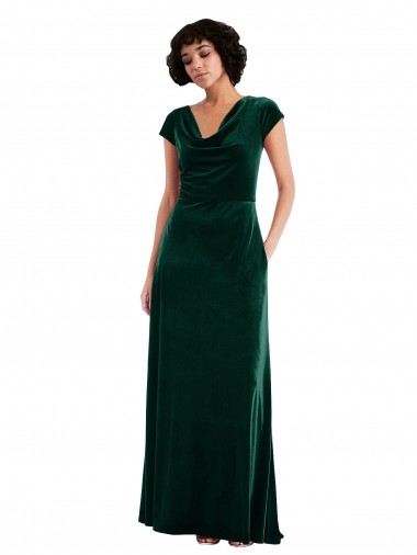 Buy Cowl Neck Long Stretch Velvet Dark Green Cap Sleeves Black Tie Evening Dress UK