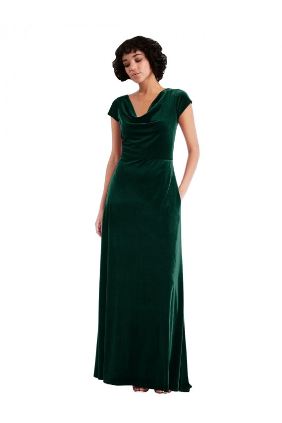 Buy Cowl Neck Long Stretch Velvet Dark Green Cap Sleeves Black Tie Evening Dress UK