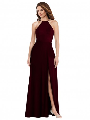 Buy Halter Neck Long Soft Chiffon Burgundy Gold Sleeveless Semi Formal Evening Dress UK