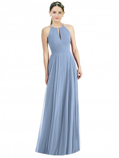 Buy Halter Neck Long Soft Chiffon Dusty Blue Sleeveless Semi Formal Evening Dress UK