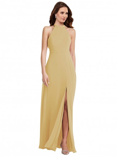 Buy Halter Neck Long Soft Chiffon Gold Sleeveless Semi Formal Evening Dress UK