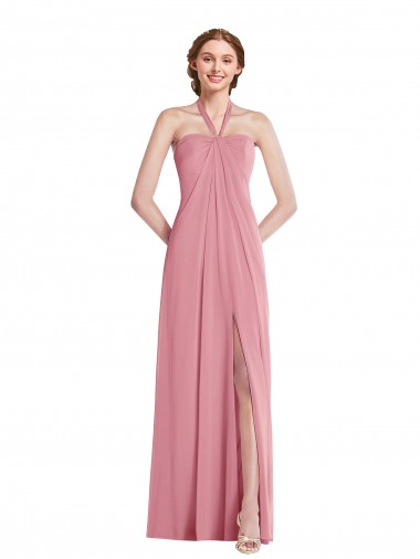 Buy Halter Neck Long Soft Chiffon Skin Pink Sleeveless Semi Formal Evening Dress UK