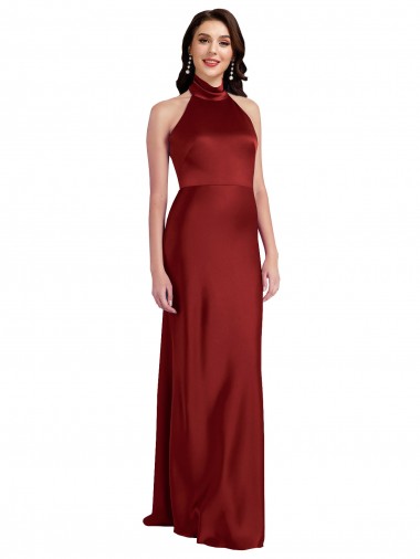 Buy Halter Neck Long Stretch Satin Burgundy Sleeveless Black Tie Evening Dress UK