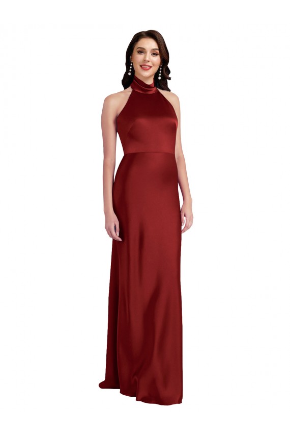 Buy Halter Neck Long Stretch Satin Burgundy Sleeveless Black Tie Evening Dress UK