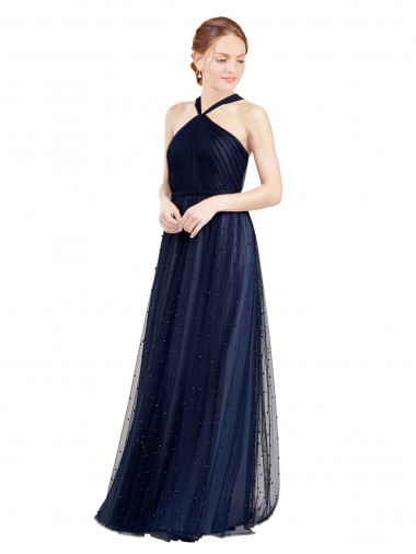 Buy Halter Neck Long Tulle Navy Blue Sleeveless Evening Dress UK