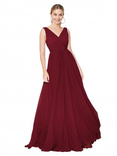 Buy High Neck Long Soft Chiffon Burgundy Sleeveless Evening Dress UK