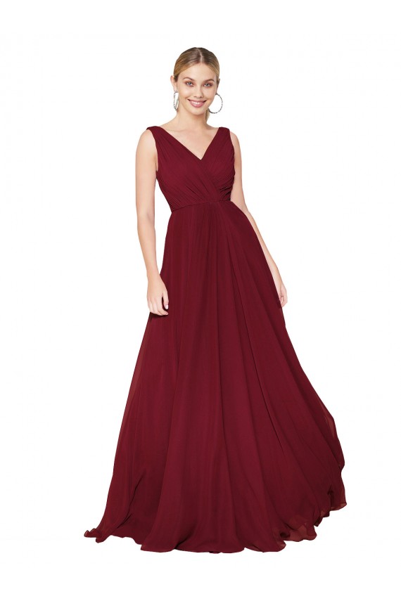 Buy High Neck Long Soft Chiffon Burgundy Sleeveless Evening Dress UK