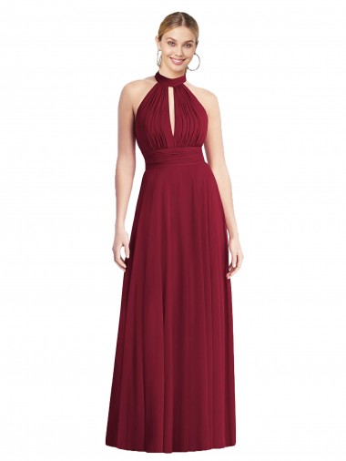 Buy High Neck Long Soft Chiffon Burgundy Sleeveless Semi Formal Evening Dress UK