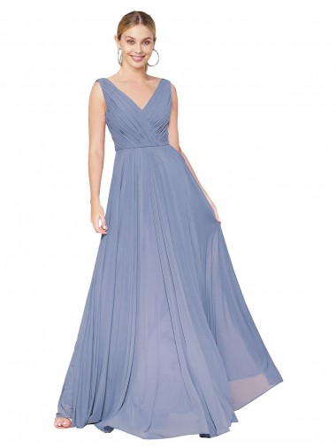 Buy High Neck Long Soft Chiffon Dusty Blue Sleeveless Formal Evening Dress UK