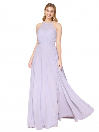 Buy High Neck Long Soft Chiffon Lilac Sleeveless Formal Evening Dress UK