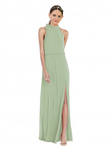 Buy High Neck Long Soft Chiffon Smoke Green Sleeveless Semi Formal Evening Dress UK