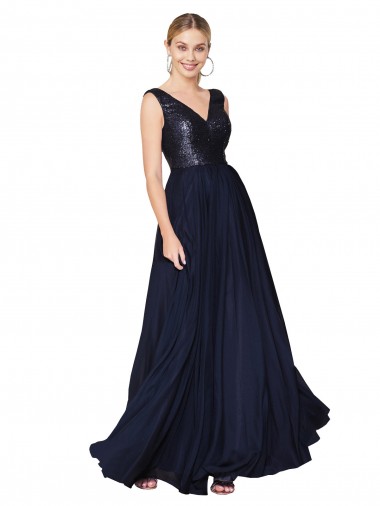 Buy High Neck Long Soft Chiffon & Sequin Dark Navy Sleeveless Semi Formal Evening Dress UK