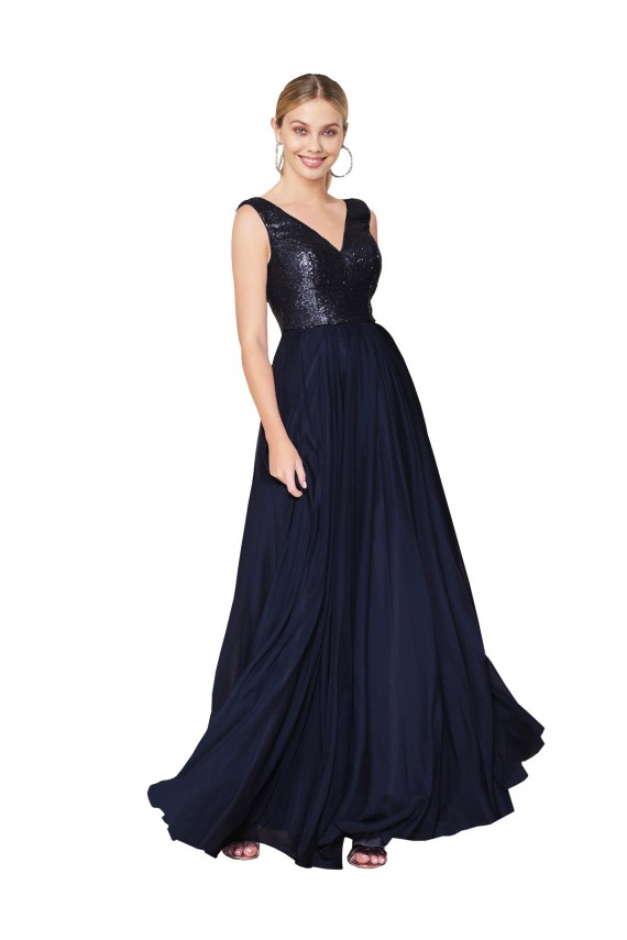 Buy High Neck Long Soft Chiffon & Sequin Dark Navy Sleeveless Semi Formal Evening Dress UK