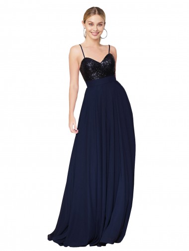 Buy High Neck Long Soft Chiffon & Sequin Dark Navy Sleeveless Semi Formal Evening Gown UK