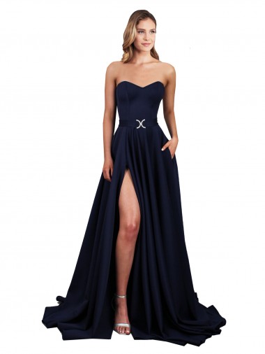 Buy High Neck Long Stretch Crepe Dark Navy A-Line Sleeveless Evening Dress UK