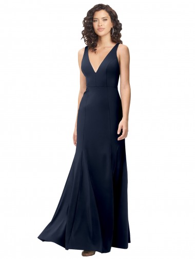 Buy High Neck Long Stretch Crepe Dark Navy V-Neck Sleeveless Evening Dress UK