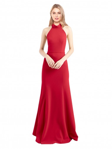 Buy High Neck Long Stretch Crepe Red A-Line Sleeveless Formal Evening Dress UK