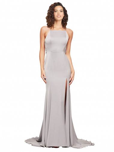 Buy High Neck Sweep Train Stretch Satin Sleeveless Formal Evening Dress UK