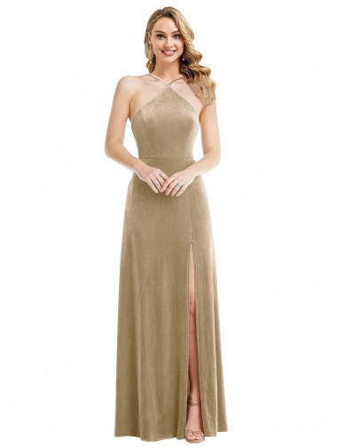 Buy High Neck Long Stretch Velvet Champagne Sleeveless Semi Formal Evening Dress UK