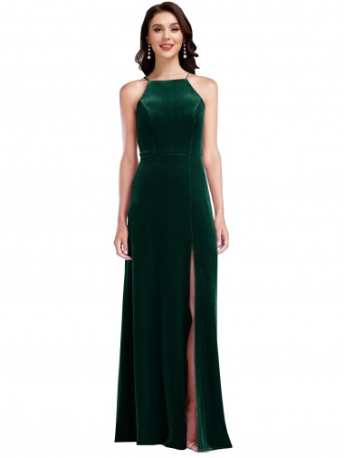 Buy High Neck Long Stretch Velvet Dark Green Sleeveless Semi Formal Evening Dress UK