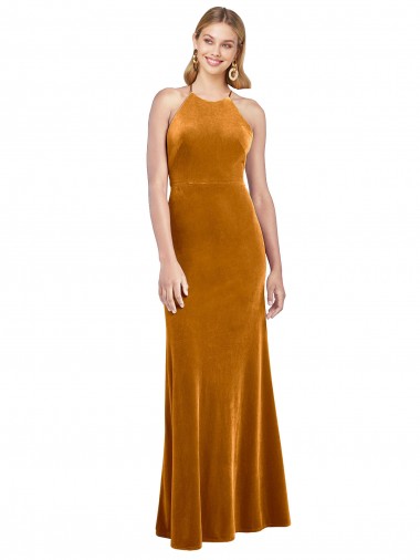 Buy High Neck Long Stretch Velvet Gold Sleeveless Formal Evening Dress UK