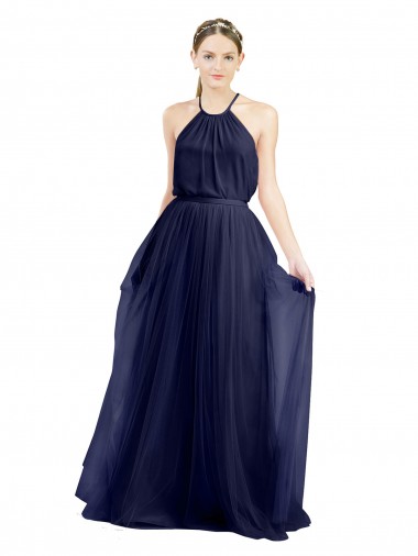 Buy High Neck Long Tulle Navy Blue Sleeveless Semi Formal Evening Dress UK