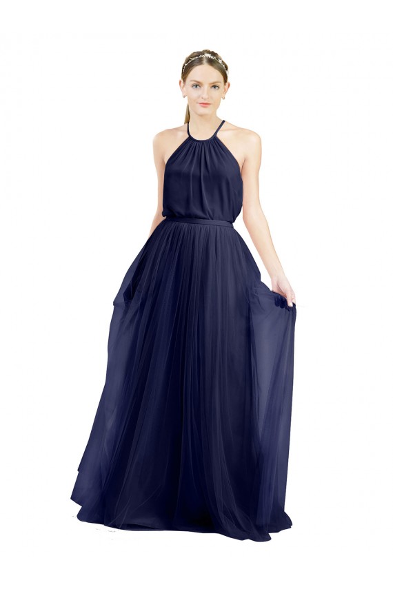 Buy High Neck Long Tulle Navy Blue Sleeveless Semi Formal Evening Dress UK