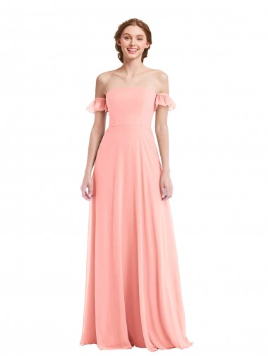 Buy Off the Shoulder Long Soft Chiffon Salmon Flutter Sleeves Semi Formal Evening Dress UK