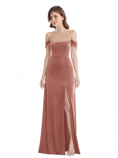 Buy Off the Shoulder Long Stretch Velvet Cinnamon Rose Sleeveless Semi Formal Evening Dress UK