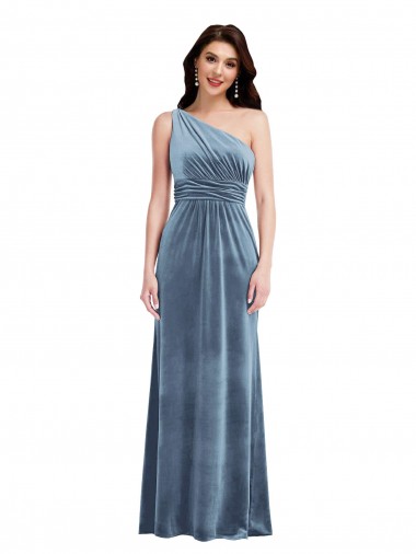 Buy Off the Shoulder Long Stretch Velvet Dusty Blue Sleeveless Evening Dress UK