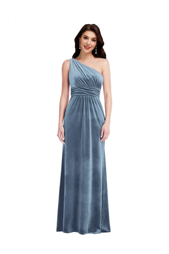 Buy Off the Shoulder Long Stretch Velvet Dusty Blue Sleeveless Evening Dress UK