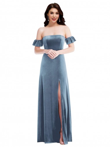 Buy Off the Shoulder Long Stretch Velvet Dusty Blue Ruffle Sleeves Evening Dress UK