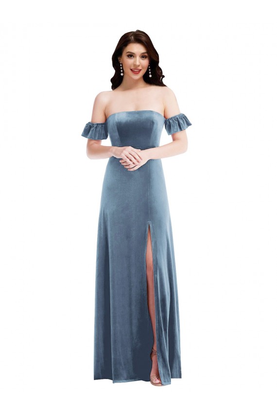 Buy Off the Shoulder Long Stretch Velvet Dusty Blue Ruffle Sleeves Evening Dress UK