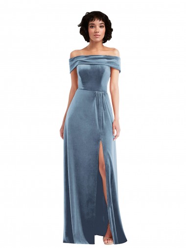 Buy Off the Shoulder Long Stretch Velvet Dusty Blue Sleeveless Semi Formal Evening Dress UK