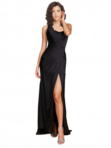 Buy One Shoulder Long Silky Satin Black Sleeveless Evening Dress UK