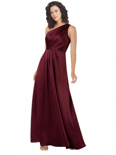 Buy One Shoulder Long Silky Satin Burgundy Sleeveless Formal Evening Dress UK